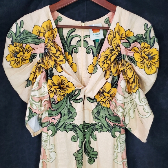 ✅ Farm Rio Linen Floral Arabesque Puff Sleeve Midi Dress – XSmall - Picture 11 of 16